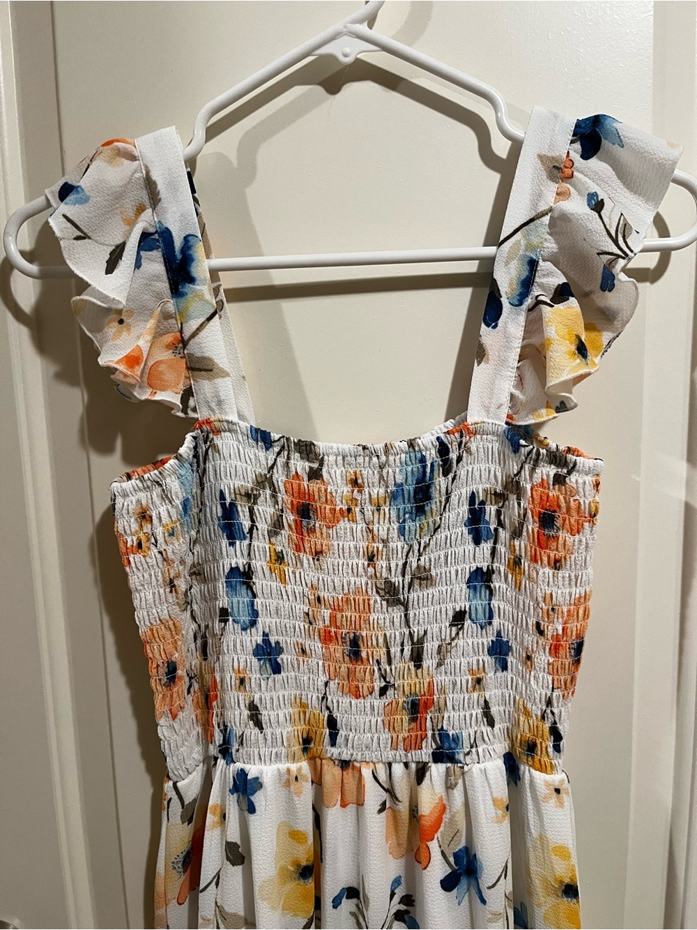 Smocked Floral Maxi Dress with Ruffle Straps - White with Blue & Orange Floral